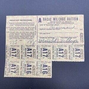 WWII Gas Ration Book A Mileage Coupons Set A16 A17 OPA Named Partial 1053